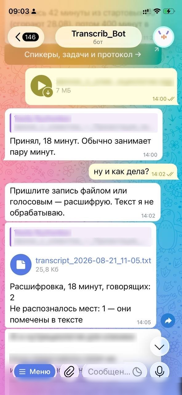 Переписка с ботом: присланная запись и ответ с расшифровкой